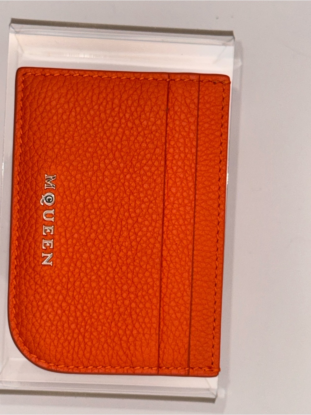 Alexander McQueen Orange Pebbled Leather Card Holder with Silver Logo NWT